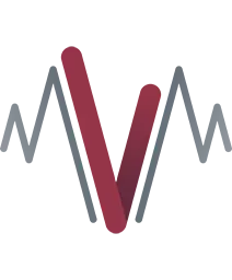 Vörös Music Logo, a red V with two grey M left and and right to it in the shape of a soundwave.
